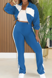 Rose Red Casual Zipper Contrast Turndown Collar Long Sleeve Two Pieces