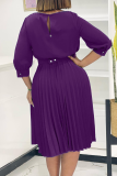 Purple Casual Solid Color With Belt Pleated O Neck Long Dresses