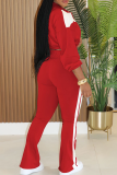 Rose Red Casual Zipper Contrast Turndown Collar Long Sleeve Two Pieces