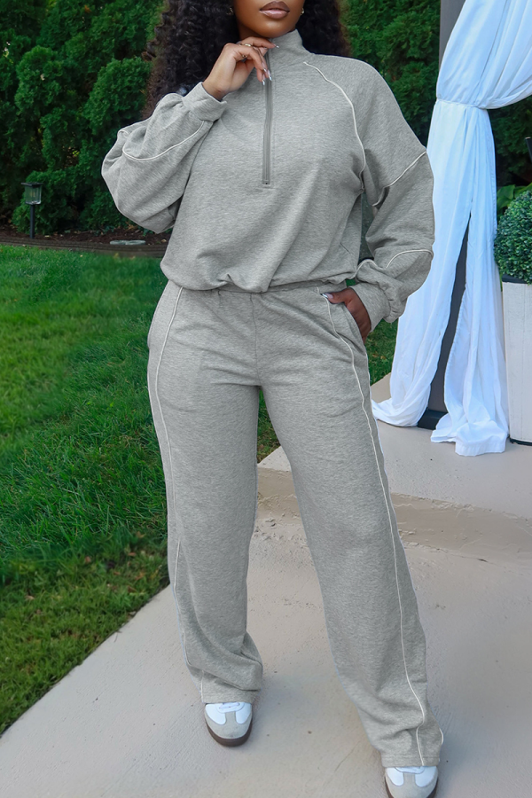 Grey Casual Solid Color Zipper Zipper Collar Long Sleeve Two Pieces