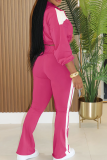 Rose Red Casual Zipper Contrast Turndown Collar Long Sleeve Two Pieces