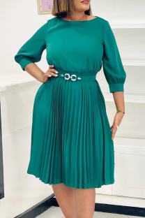 Green Casual Solid Color With Belt Pleated O Neck Long Dresses