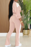 Rose Red Casual Zipper Contrast Turndown Collar Long Sleeve Two Pieces