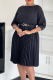 Black Casual Solid Color With Belt Pleated O Neck Long Dresses