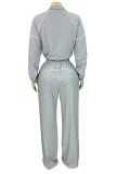 Grey Casual Solid Color Zipper Zipper Collar Long Sleeve Two Pieces