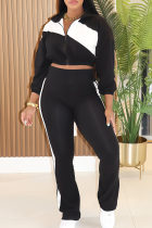 Black Casual Zipper Contrast Turndown Collar Long Sleeve Two Pieces