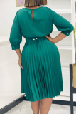 Purple Casual Solid Color With Belt Pleated O Neck Long Dresses