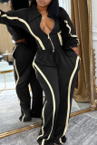 Black Casual Stripe Zipper Contrast Turndown Collar Long Sleeve Two Pieces