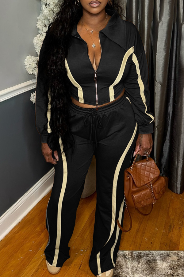 Black Casual Stripe Zipper Contrast Turndown Collar Long Sleeve Two Pieces