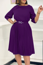 Purple Casual Solid Color With Belt Pleated O Neck Long Dresses