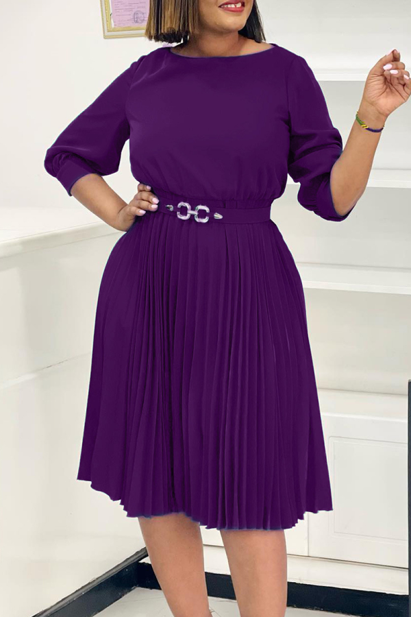 Purple Casual Solid Color With Belt Pleated O Neck Long Dresses