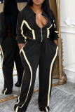 Black Casual Stripe Zipper Contrast Turndown Collar Long Sleeve Two Pieces