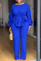 Blue Casual Solid Color Draw String O Neck Long Sleeve Two Pieces