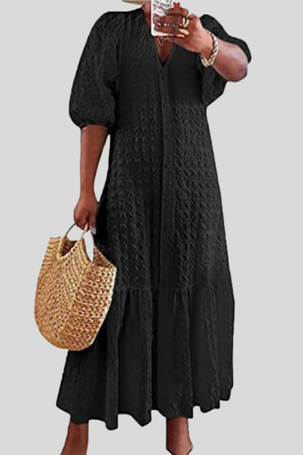 Black Elegant Solid Color Buckle V Neck Long Dresses