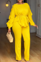 Yellow Casual Solid Color Draw String O Neck Long Sleeve Two Pieces