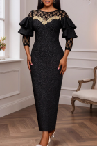 Black Elegant Jacquard Lace O Neck Evening Dresses