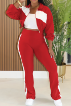 Red Casual Zipper Contrast Turndown Collar Long Sleeve Two Pieces
