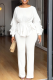 White Casual Solid Color Draw String O Neck Long Sleeve Two Pieces