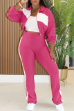 Rose Red Casual Zipper Contrast Turndown Collar Long Sleeve Two Pieces