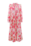 Pink Elegant Print Pleated O Neck Long Dresses