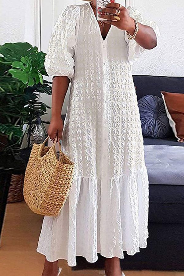 White Elegant Solid Color Buckle V Neck Long Dresses