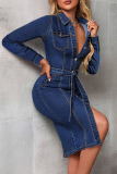 Deep Blue Sexy Solid Color Buckle Turndown Collar Long Sleeve Bodycon Denim Dresses