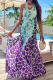 Green Purple Casual Print Contrast Spaghetti Strap Long Dresses