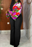 Black Casual Print V Neck Plus Size Two Pieces
