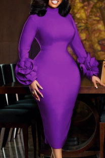 Purple Elegant Solid Color Flower Shape O Neck Wrapped Skirt Dresses
