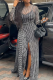 Black Sexy Print High Slit O Neck Long Dresses