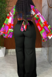 Black Casual Print V Neck Plus Size Two Pieces