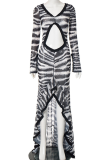 Black Sexy Stripe Hollow Out Slit V Neck Long Dresses