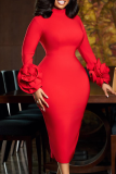 Pink Elegant Solid Color Flower Shape O Neck Wrapped Skirt Dresses