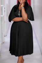 Black Elegant Solid Color Zipper Pleated V Neck Long Plus Size Dresses