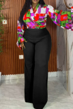 Black Casual Print V Neck Plus Size Two Pieces