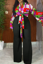 Black Casual Print V Neck Plus Size Two Pieces