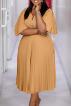 Antique Brass Elegant Solid Color Zipper Pleated V Neck Long Plus Size Dresses