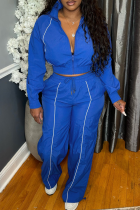 Blue Casual Solid Color Zipper Turndown Collar Long Sleeve Two Pieces