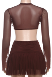 Brown Sexy Solid Color See-Through Mesh O Neck Mesh Dresses