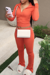 Tangerine Red Casual Solid Color Zipper Hooded Long Sleeve Two Pieces