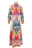 Colour Casual Print With Belt Turndown Collar Long Dresses