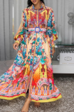 Colour Casual Print With Belt Turndown Collar Long Dresses