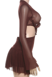 Brown Sexy Solid Color See-Through Mesh O Neck Mesh Dresses