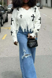 White Casual Fringed Trim V Neck Tops