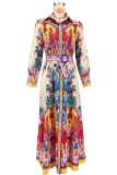 Colour Casual Print With Belt Turndown Collar Long Dresses