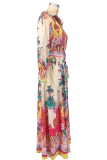 Colour Casual Print With Belt Turndown Collar Long Dresses