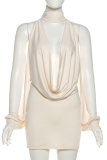 Apricot Sexy Solid Color Hollow Out Turtleneck Wrapped Skirt Dresses