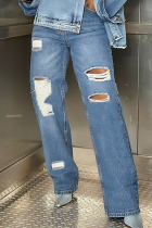 Blue Casual Solid Color Ripped Mid Waist Straight Denim Jeans
