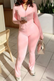 Pink Casual Solid Color Zipper Hooded Long Sleeve Two Pieces