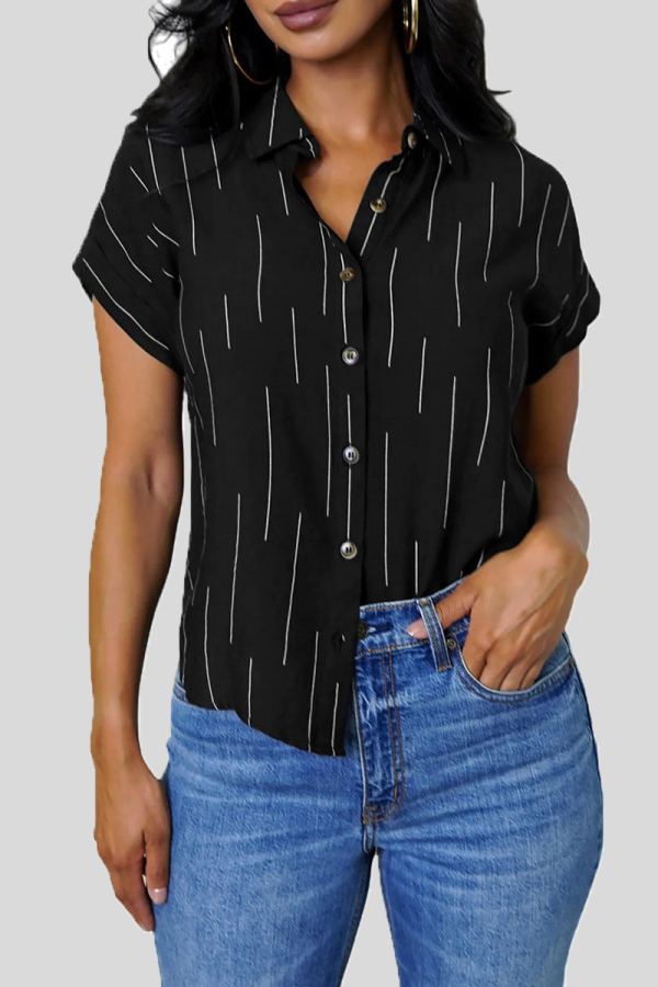 Black Casual Stripe Buckle Turndown Collar Tops